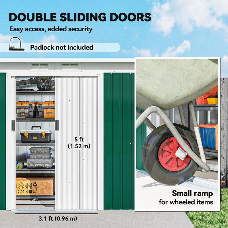 9' x 4' Garden Tool Shed Metal Storage Shed Outdoor Equipment Tool Box with Foundation Kit, Ventilation & Doors, Dark Green