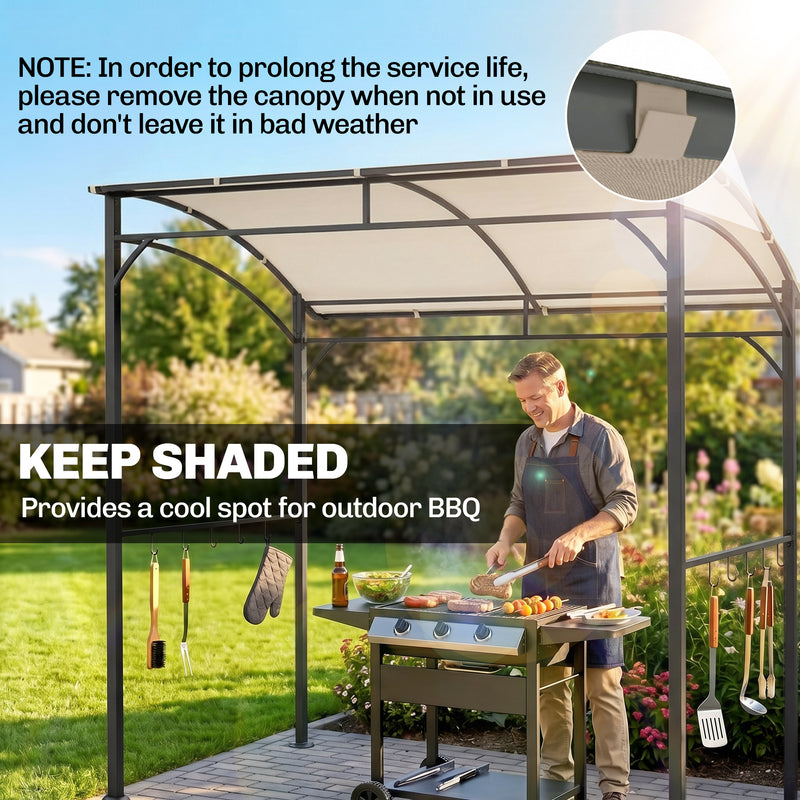 Outsunny - 7' x 5' BBQ Grill Gazebo Tent, Garden Grill Canopy with Steel Frame and Hooks, Outdoor Sun Shade, Beige