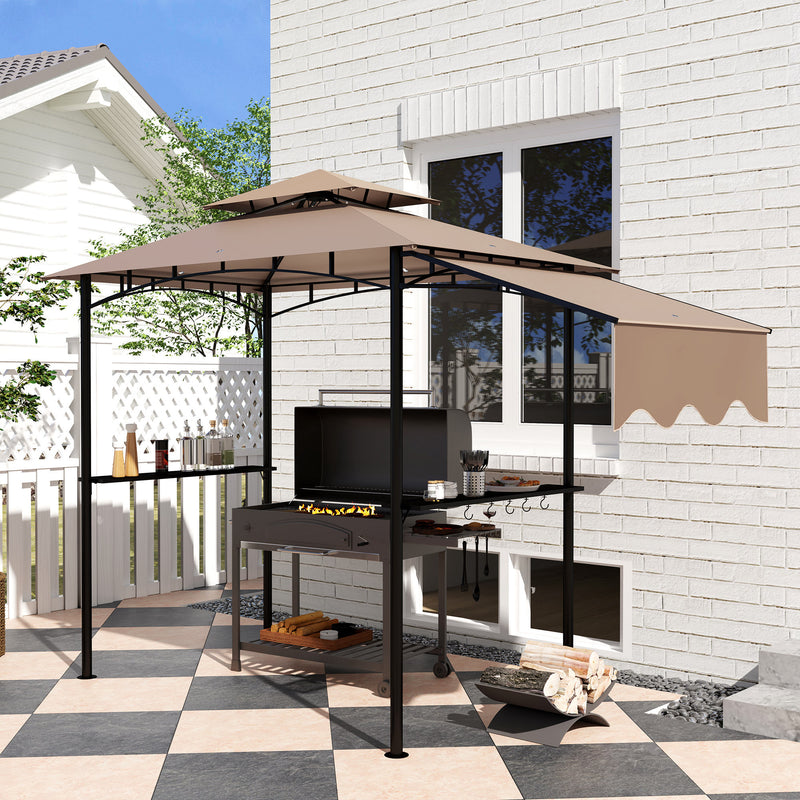 Outsunny - 8' x 5' Grill Gazebo, Double Tiered Barbecue Grill Gazebo Shelter with Side Awning, 2 Side Shelves, 6 Hooks, Khaki