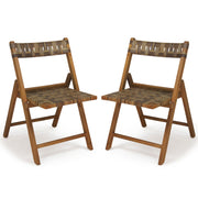 Costway - Teak Folding Chairs Set of 2 with Hand-Woven Rattan and Contoured Back