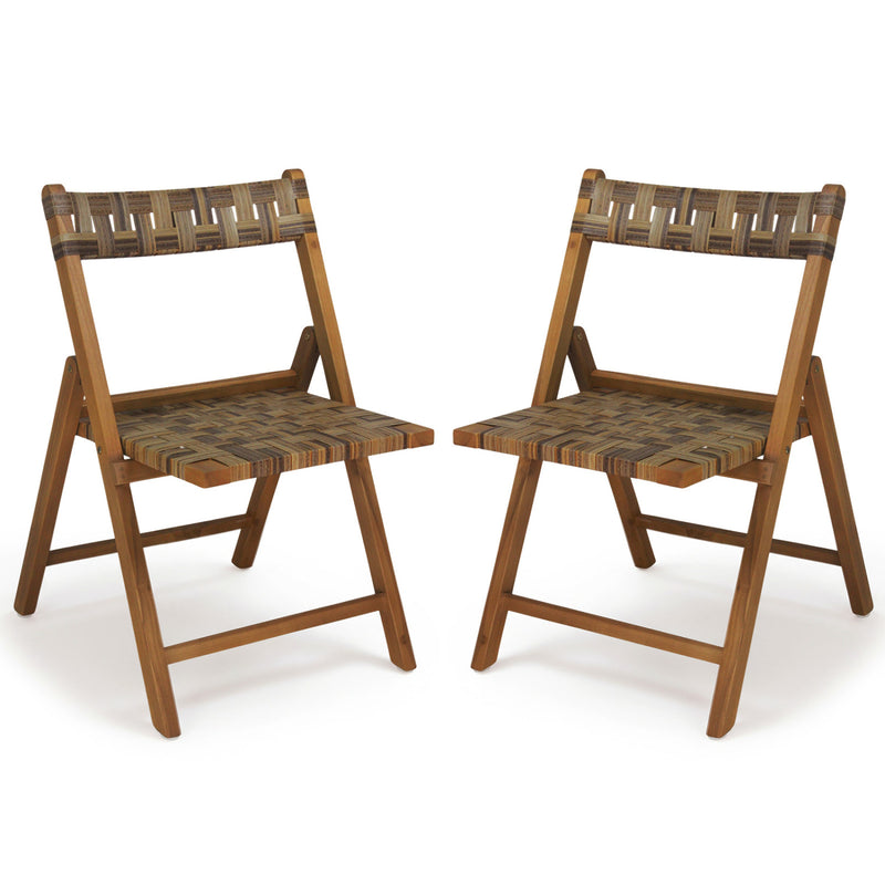 Costway - Teak Folding Chairs Set of 2 with Hand-Woven Rattan and Contoured Back