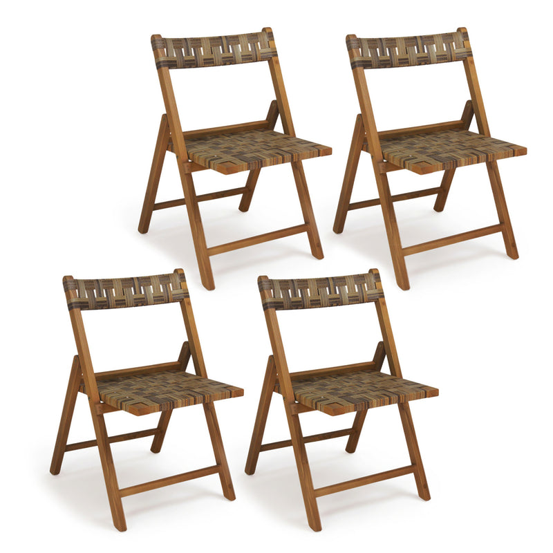 Costway - Teak Folding Chairs Set of 2 with Hand-Woven Rattan and Contoured Back