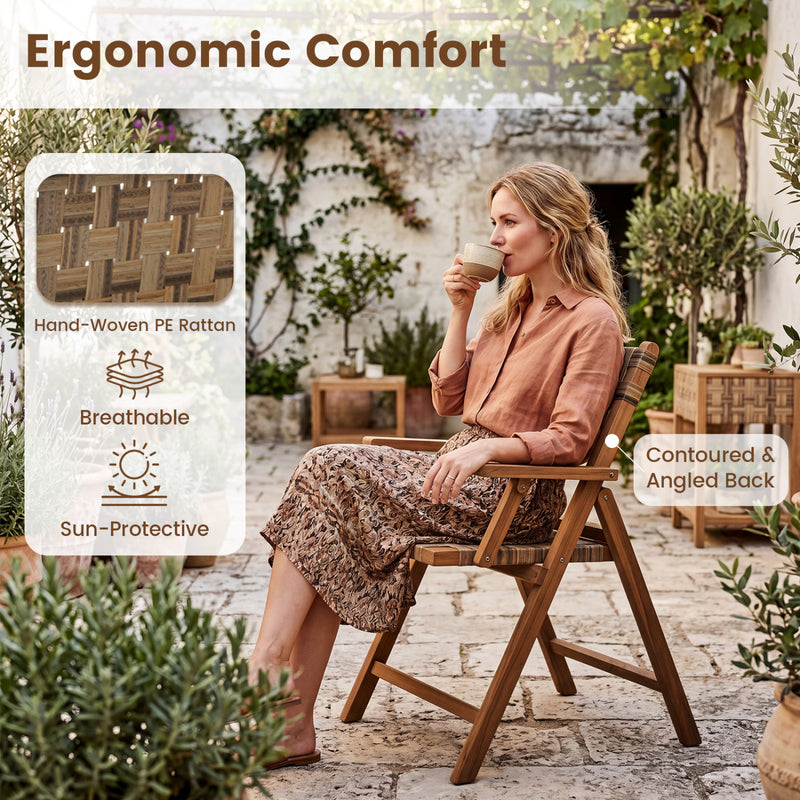 Costway - Teak Folding Chairs Set of 2 with Hand-Woven Rattan and Contoured Back