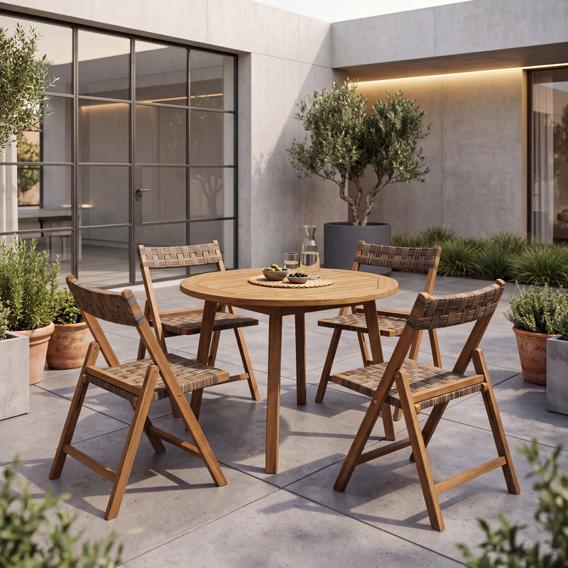 Costway - Teak Folding Chairs Set of 2 with Hand-Woven Rattan and Contoured Back