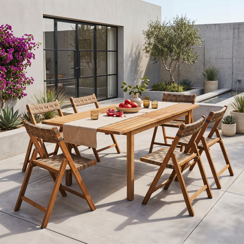 Costway - Teak Folding Chairs Set of 2 with Hand-Woven Rattan and Contoured Back