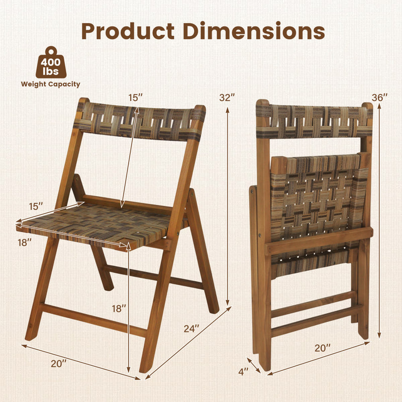 Costway - Teak Folding Chairs Set of 2 with Hand-Woven Rattan and Contoured Back