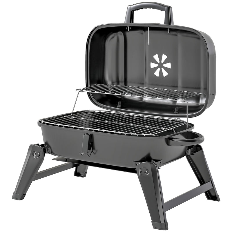 Outsunny - Charcoal BBQ Grill, Foldable Barbecue Grill with Warming Rack, Adjustable Vent, Thermometer, Handles, Black