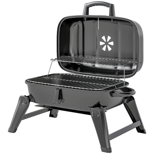 Outsunny - Charcoal BBQ Grill, Foldable Barbecue Grill with Warming Rack, Adjustable Vent, Thermometer, Handles, Black
