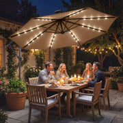 9.7 ft Cantilever Patio Umbrella with Solar Light, Garden Hanging Parasol with Cover, Tilt, Crank, Khaki
