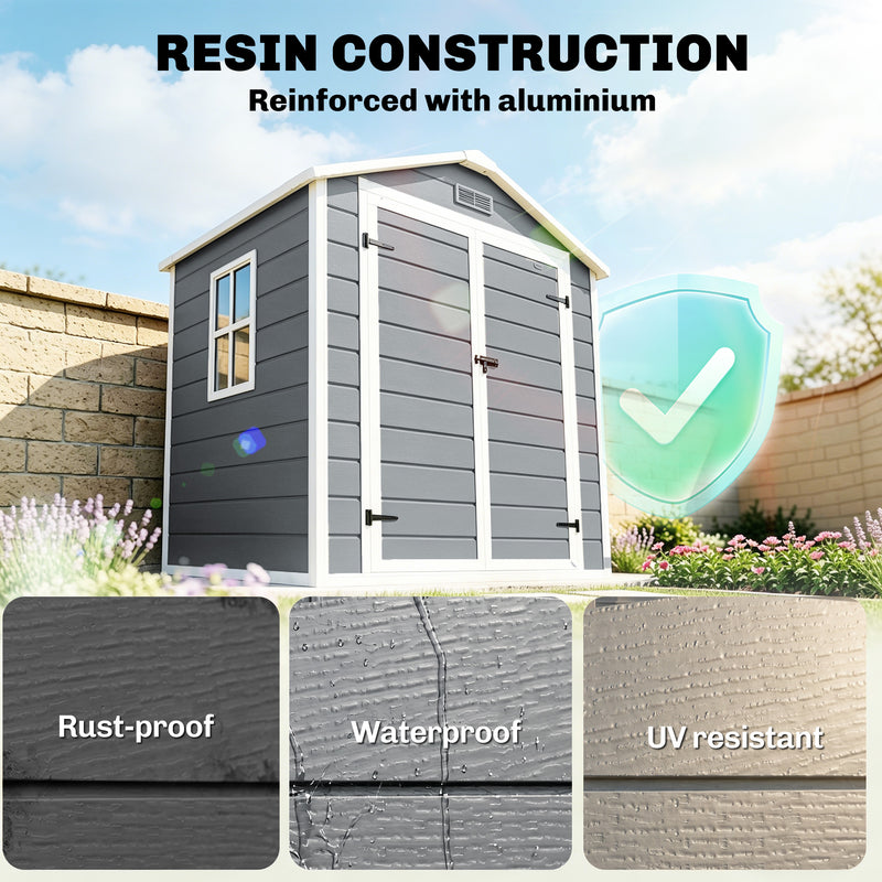6x4.5FT Plastic Shed, Lockable Garden Tool Storage House with Double Doors and Vent, Grey