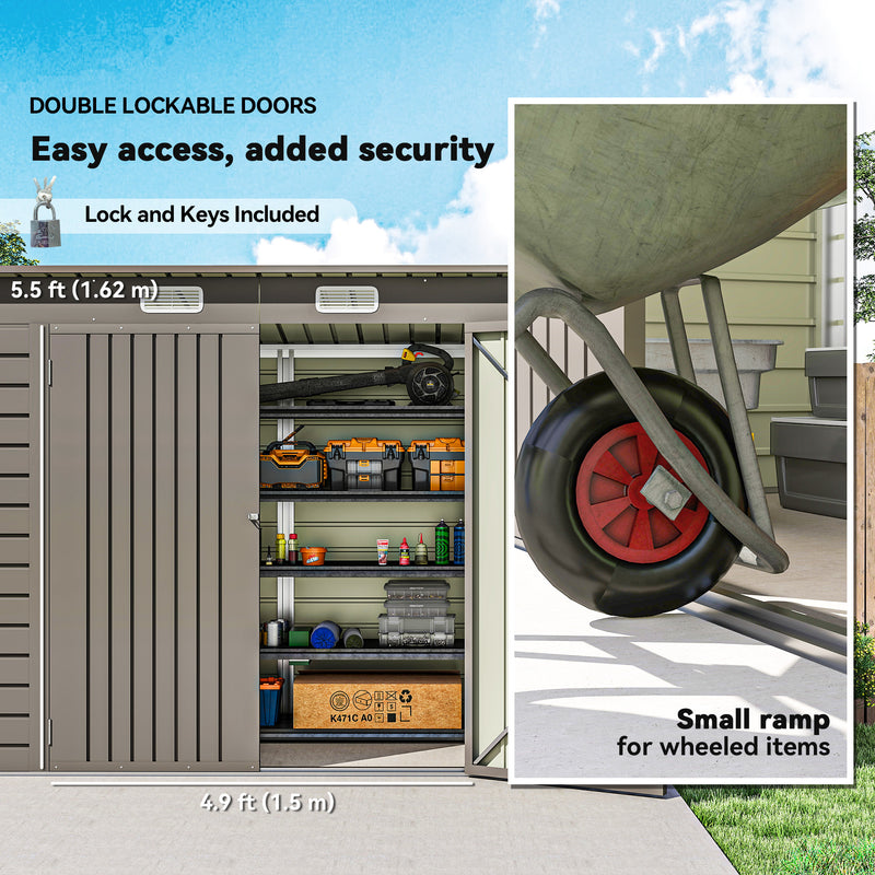 8 x 4FT Galvanized Garden Storage Shed, Metal Outdoor Shed with Double Doors and 2 Vents, Light Grey