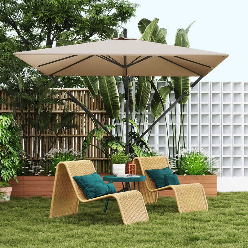 Outsunny - Patio Offset Umbrella UPF 50+ UV Protection, Crank Parasol with Base, Cover & Wind Securing, Khaki — 84D-419V00KK