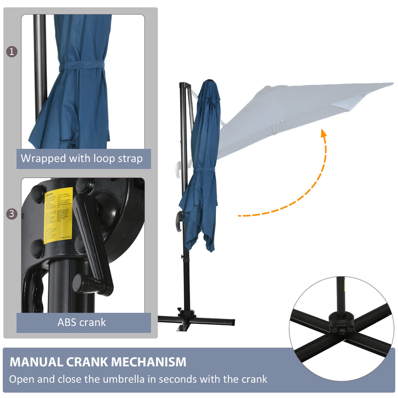 Outsunny - 8' x 8' Square Patio Hanging Offset Umbrella with 360° Rotation, Aluminum Outdoor Cantilever Parasol with Crank & Tilt, Sun Canopy Shelter with Cross Base, Dark Blue — 84D-051V00DB
