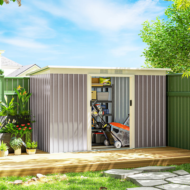 9' x 4' Garden Metal Storage Shed Outdoor Equipment Tool Box with Foundation Kit, Ventilation & Doors, Light Grey