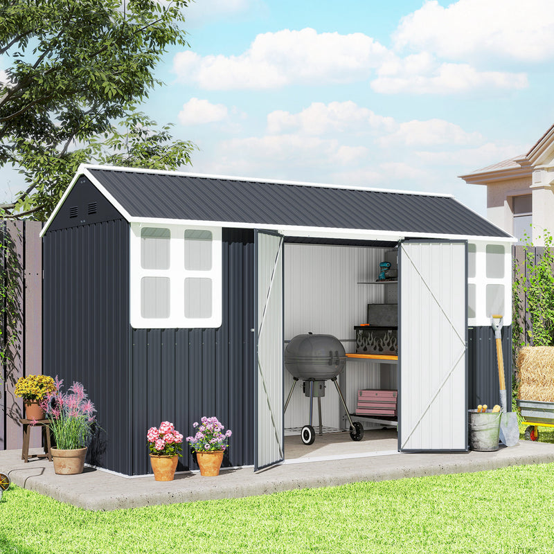 12' x 5.5' Metal Garden Storage Shed, Outdoor Tool Storage House with Lockable Door, Vents, Sloped Roof, Dark Grey