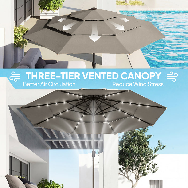 Outsunny - 9.3 ft Patio Umbrella with Solar LED Lights, Cover, 3 Tier Outdoor Market Table Parasol with Tilt, Crank, Grey — 84D-500V00GY