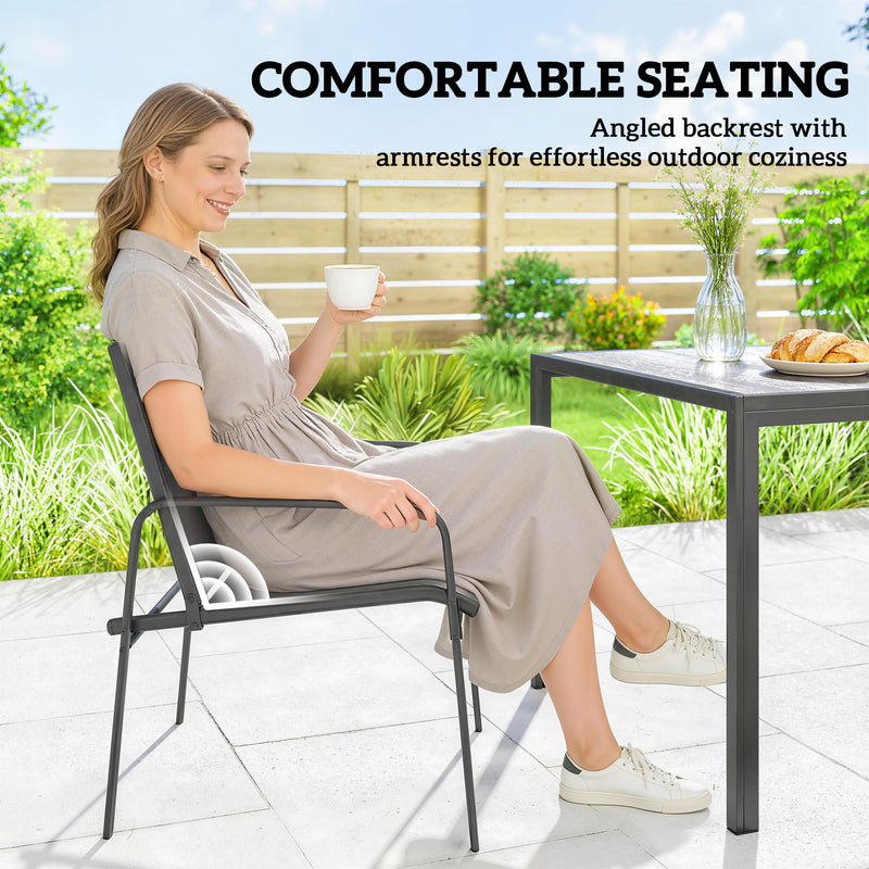 Outsunny - Outdoor Dining Set for 6, Faux Wood Patio Table and Chairs with Breathable Mesh Seat, Galvanized Steel Frame, Black