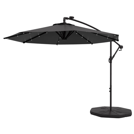 Outsunny - 9.5' Offset Patio Umbrella Garden Parasol with Solar LED Lights and Weights, Dark Grey