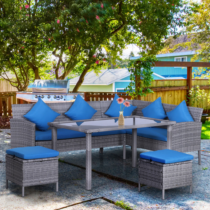 Outsunny - 5 Pieces Wicker Patio Conversation Dining Furniture Set with Cushions, Table and Ottomans, Bright Blue