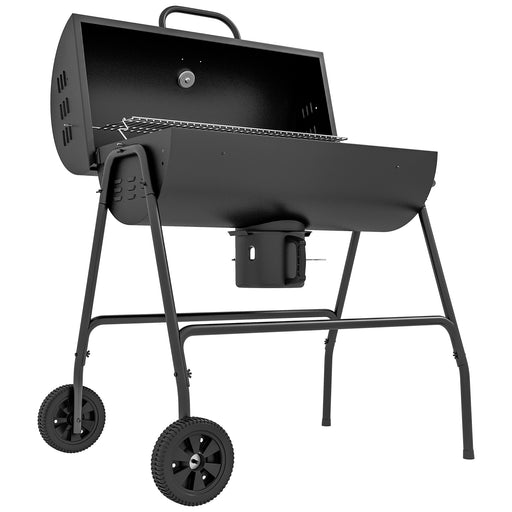 Outsunny - Barrel Charcoal BBQ Smoker, Barbecue with 420 sq.in. Cooking Area, Wheels, Ash Catcher, Black