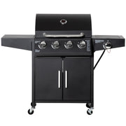 Outsunny - 4+1 Burner Liquid Propane Gas Grill Outdoor Cabinet Style BBQ Trolley w/ Side Burner, Warming Rack, Side Shelf, Storage Cabinet, Thermometer, 4 Wheels, Carbon Steel, Black