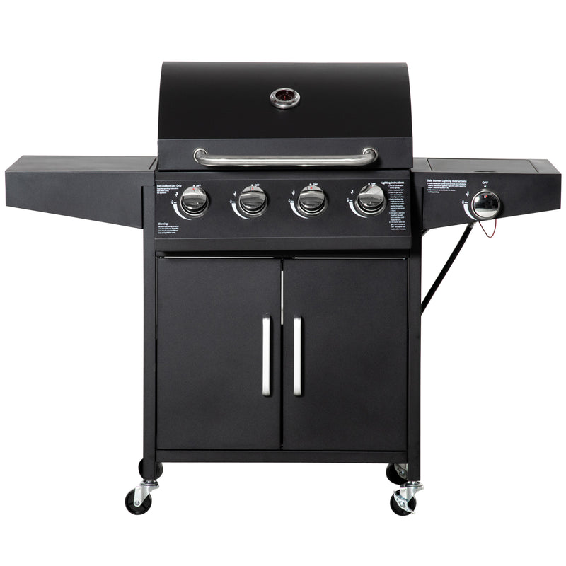 Outsunny - 4+1 Burner Liquid Propane Gas Grill Outdoor Cabinet Style BBQ Trolley w/ Side Burner, Warming Rack, Side Shelf, Storage Cabinet, Thermometer, 4 Wheels, Carbon Steel, Black