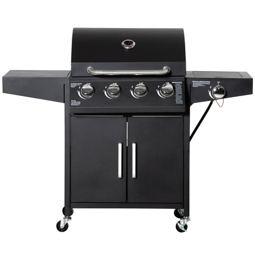 Outsunny - 4+1 Burner Liquid Propane Gas Grill Outdoor Cabinet Style BBQ Trolley w/ Side Burner, Warming Rack, Side Shelf, Storage Cabinet, Thermometer, 4 Wheels, Carbon Steel, Black