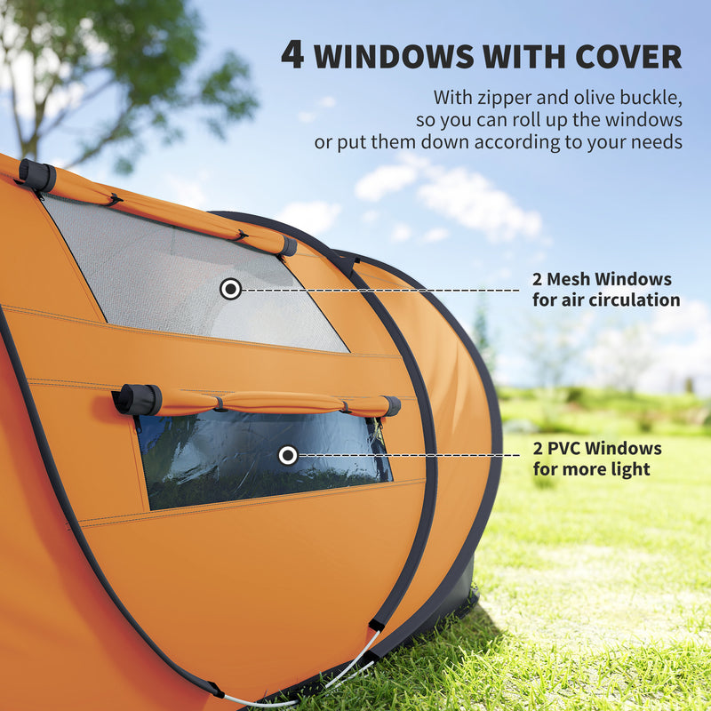 Outsunny - 4 Person Camping Tent, Easy Pop Up Tent with Doors, Windows and Carry Bag, Automatic Setup Tent for Hiking, Orange