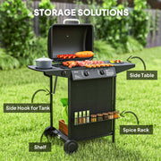 Outsunny - 2+1 Burner Propane Gas BBQ Grill, Portable Gas Barbecue Grill with Side Burner, Thermometer, Lid, Side Table, Shelf, Spice Rack, Wheels, Grease Cup for Garden, Black