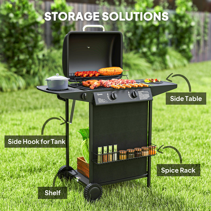 Outsunny - 2+1 Burner Propane Gas BBQ Grill, Portable Gas Barbecue Grill with Side Burner, Thermometer, Lid, Side Table, Shelf, Spice Rack, Wheels, Grease Cup for Garden, Black