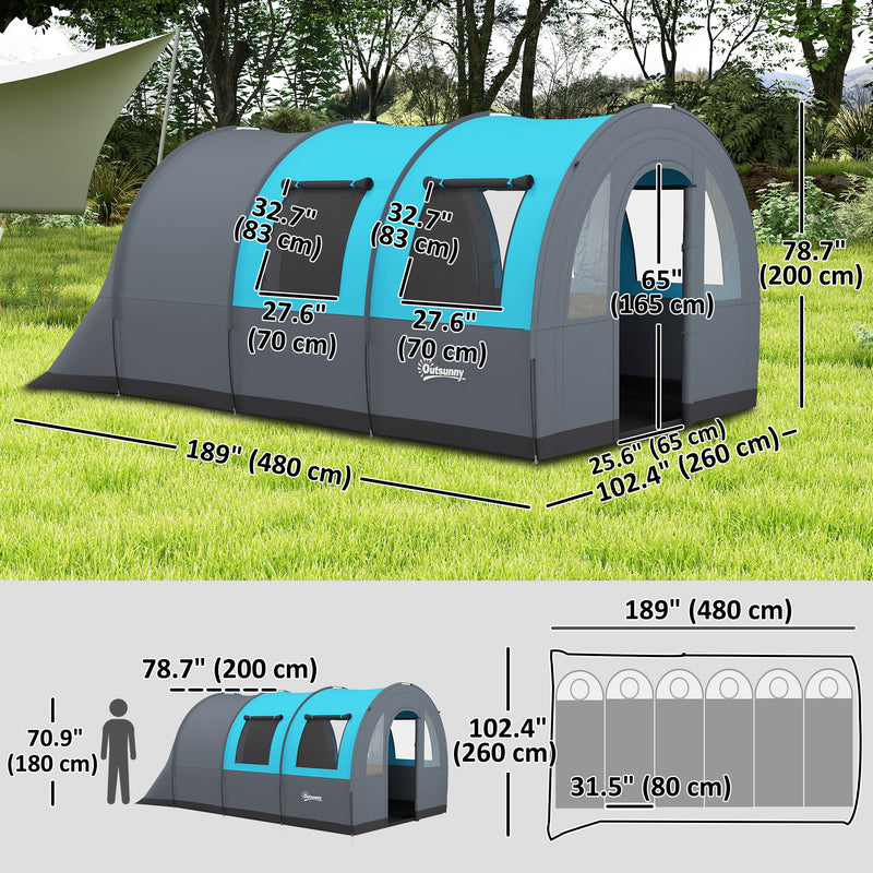 Outsunny - 3 Person Camping Tent with Living Room and Bedroom, 3000mm Waterproof Tunnel Large Family Tent, Grey and Blue