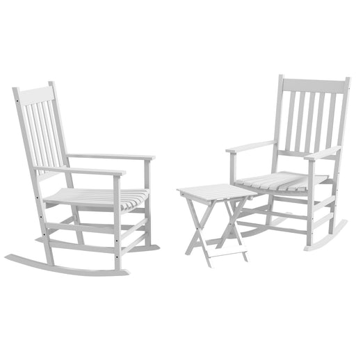 Outsunny - 3 Pieces Outdoor Rocking Chair Set, Wooden Patio Rocking Chair Set with Folding Table, High Back and Armrests, White