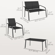 Outsunny - 4 Piece Patio Furniture Set, Outdoor Conversation Set with Deep Seat, Loveseats, Armchairs, Glass-Top Table, Black