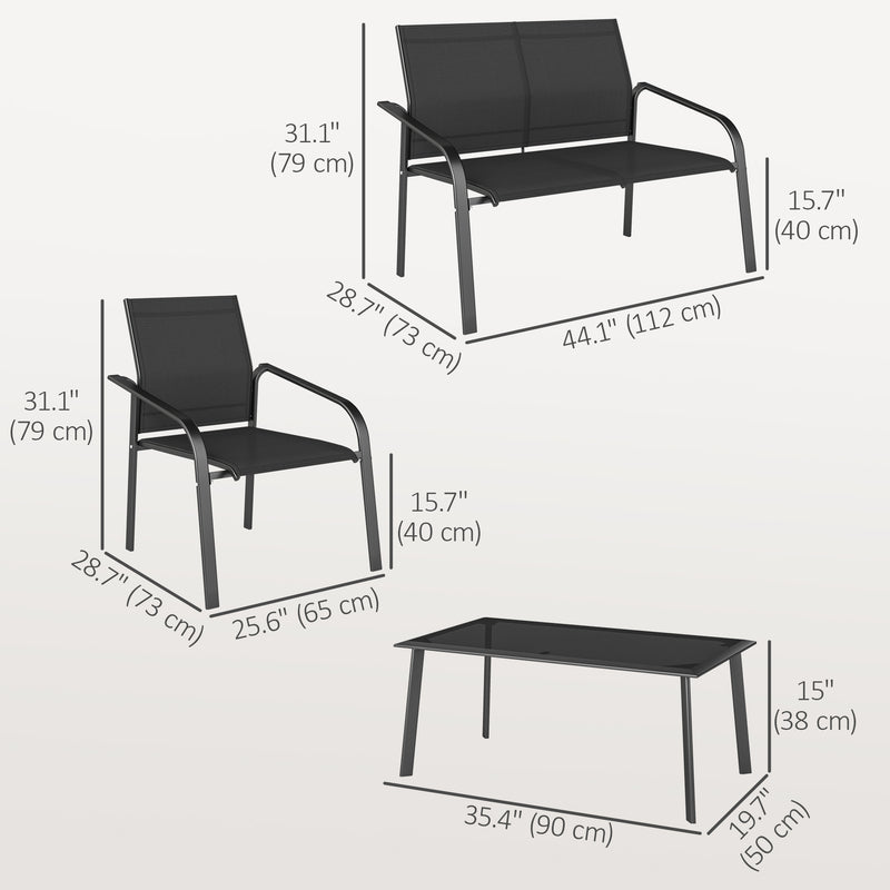Outsunny - 4 Piece Patio Furniture Set, Outdoor Conversation Set with Deep Seat, Loveseats, Armchairs, Glass-Top Table, Black
