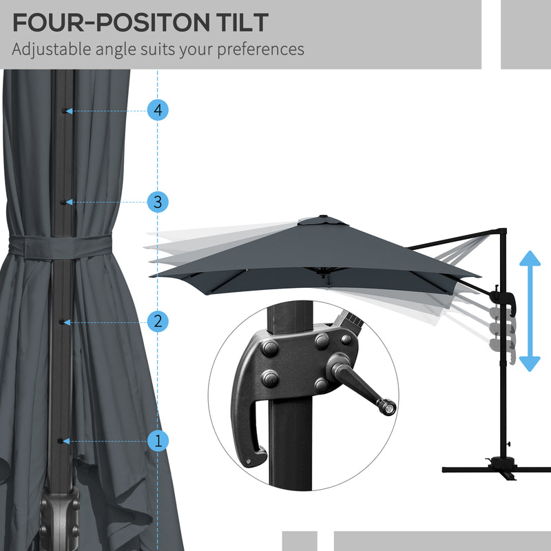 Outsunny - 10x10ft Cantilever Umbrella Rotatable Square Market Parasol, 4 Adjustable Angle for Outdoor Backyard Patio, Dark Grey — 84D-112V01CG
