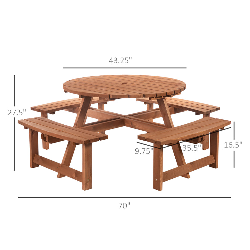 Outsunny - 8 Seater Round Wooden Pub Bench & Picnic Table, Patio Dining Set for Outdoor Patio (Umbrella Not Included)