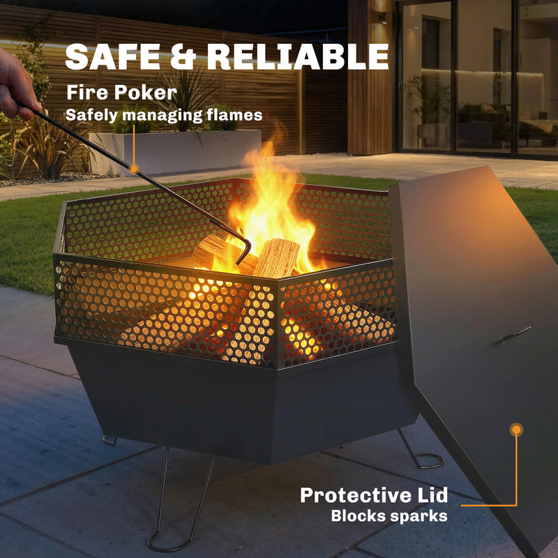 Outsunny - 20" Fire Pit with Fire Poker, Foldable Wood Burning Firepits with Lid, Portable Firepit, Black
