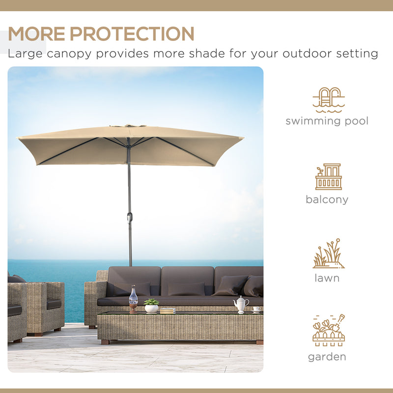 6.5x10ft Patio Umbrella, Rectangle Market Umbrella with Aluminum Frame and Crank Handle, Garden Parasol Outdoor Sunshade Canopy, Tan