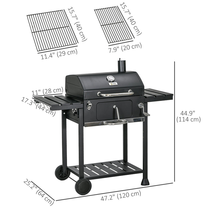 Outsunny - Charcoal BBQ Grill Smoker with Adjustable Charcoal Pan and Galvanised Steel Shell, Barbecue Grill Trolley with Storage