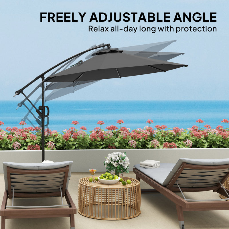 Outsunny - 118.1" Patio Offset Umbrella with Cover and Wind Protection Strap, with Crank Handle and Tilt, UPF50+, Grey — 84D-422V00GY