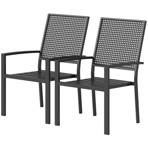 Outsunny - Stackable Patio Chairs Set of 2, Outdoor Dining Chairs with Faux Wicker Steel Mesh Back, Slatted Seat, Armrests, Black