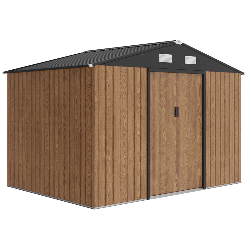 9.1'x6.4'x6.3' Garden Storage Shed, Outdoor Storage Tool House with Vents, Foundation and Lockable Double Doors, Teak