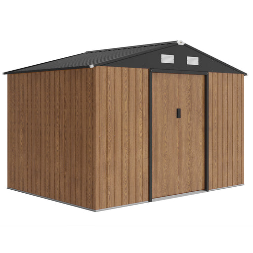 9.1'x6.4'x6.3' Garden Storage Shed, Outdoor Storage Tool House with Vents, Foundation and Lockable Double Doors, Teak
