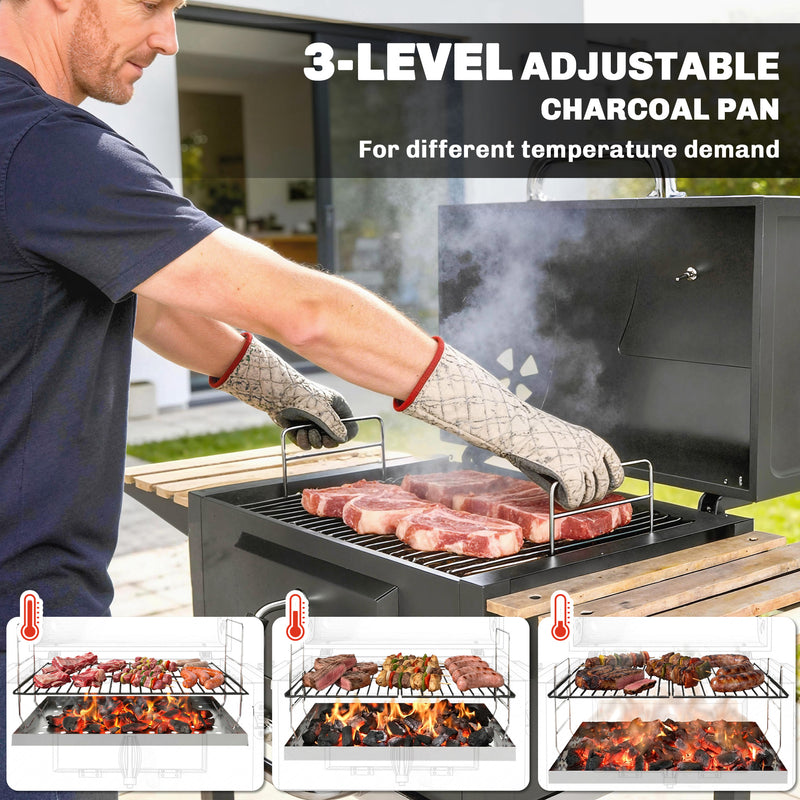 Outsunny - 20" Charcoal BBQ Grill Barbecue on Wheels with Adjustable Charcoal Pan, Spacious Cooking Area, 3 Shelves, Thermometer
