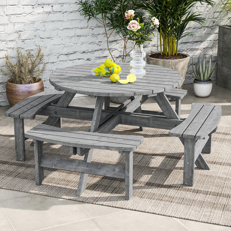 Outsunny - 8 Seater Round Wooden Pub Bench & Picnic Table, Patio Dining Set for Outdoor Patio (Umbrella Not Included)