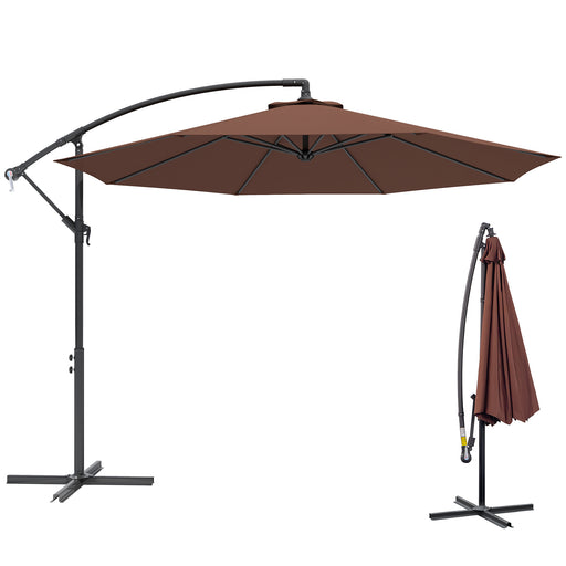 Outsunny - 10' Deluxe Patio Umbrella, Outdoor Market Parasol, Banana Hanging Offset Sunshade with Crank, Cross Base, Coffee