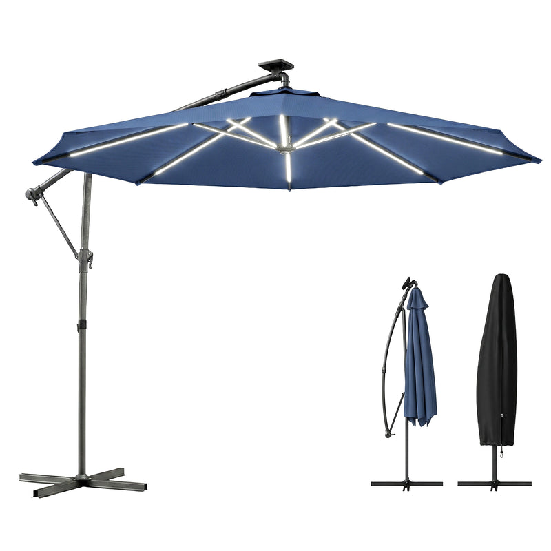 Outsunny - 10 ft Offset Patio Umbrella with Solar Light, Garden Hanging Parasol with 360° Rotation, Tilt, Cover, Navy Blue