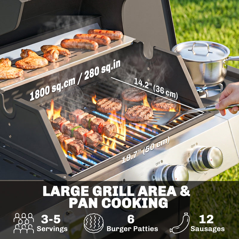 Outsunny - 3 Burner Propane Gas Grill with Side Burner, 36,000 BTU BBQ Grill with Cast Iron Grates, Wheels, Warming Rack, Cabinet