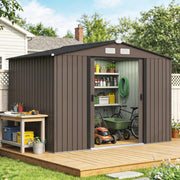 9.1'x6.4'x6.3' Garden Storage Shed w/ Foundation Kit Metal Tool Storage House w/ Double Doors Brown