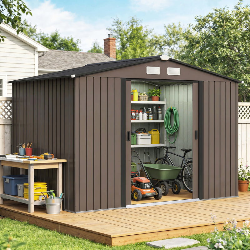 9.1'x6.4'x6.3' Garden Storage Shed w/ Foundation Kit Metal Tool Storage House w/ Double Doors Brown